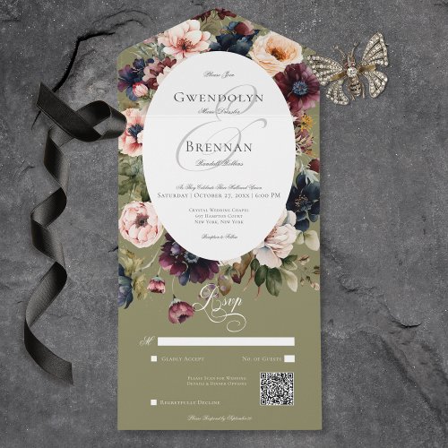 Dark Moody Green Oval Floral Frame QR Code All In One Invitation