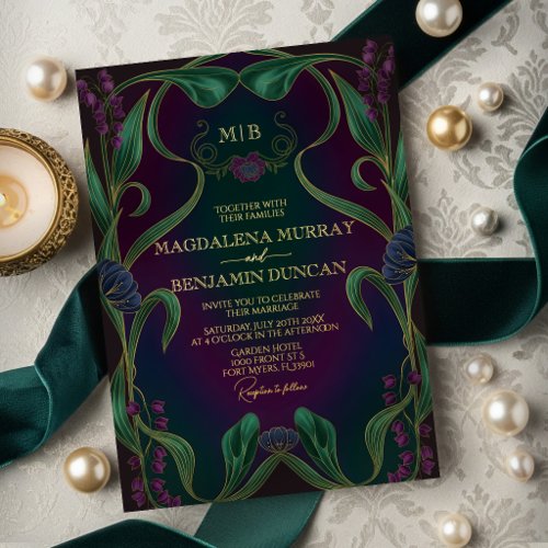 Dark Moody Jewel Tone Art Nouveau Floral Wedding Foil Invitation