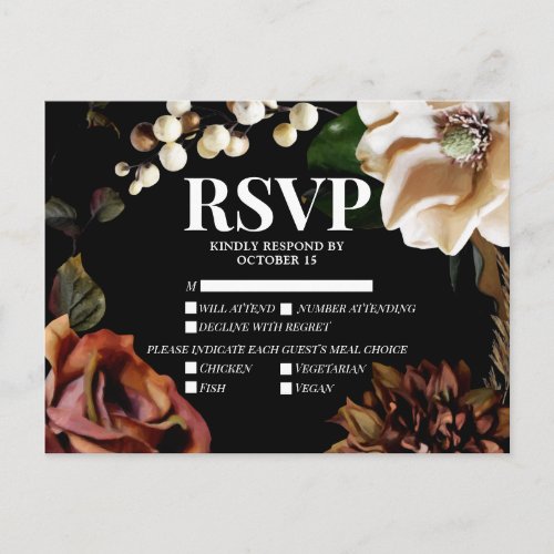 Dark Moody Magnolia Meal Choices Wedding RSVP Invitation Postcard