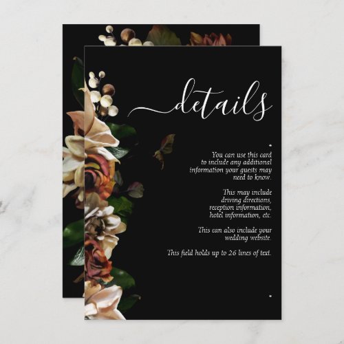 Dark Moody Magnolia Script Floral Wedding Details Enclosure Card