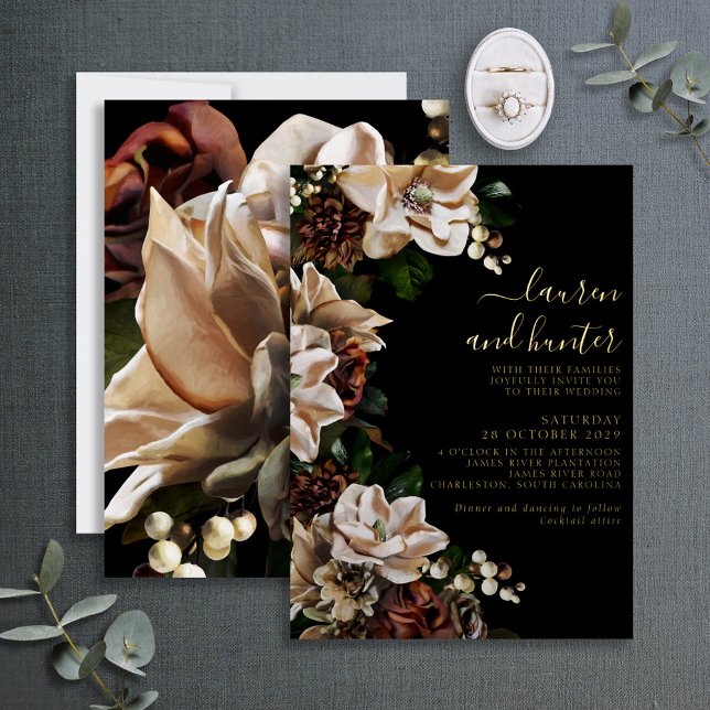 Dark Moody Magnolia Script Floral Wedding Gold Foil Invitation (Creator Uploaded)