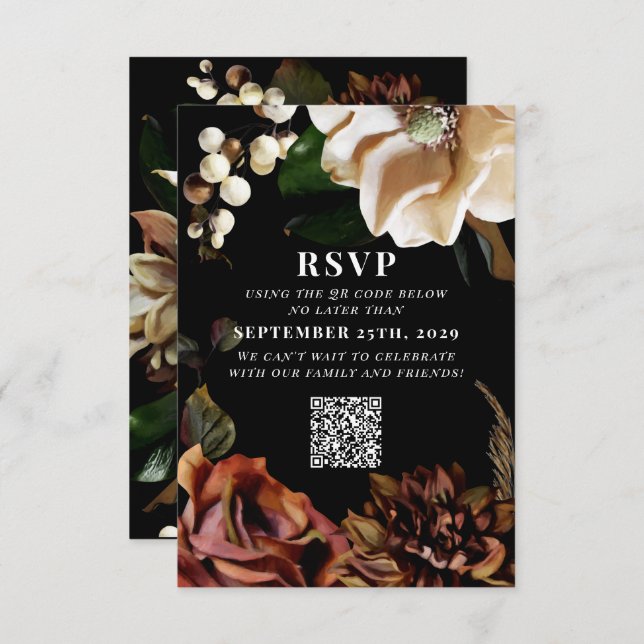 Dark Moody Magnolia Wedding QR Code Please Reply  RSVP Card (Front/Back)