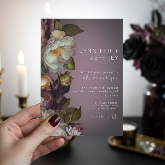 Dark Moody Mauve Floral Modern Wedding Invitation (Creator Uploaded)