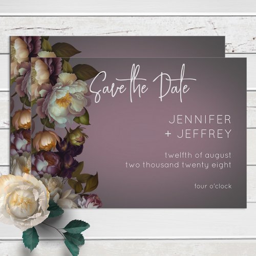 Dark Moody Mauve Floral Modern Wedding Save The Date