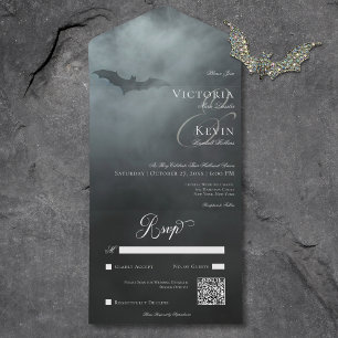 Dark Moody Midnight Bat & Fog QR Code Wedding All In One Invitation