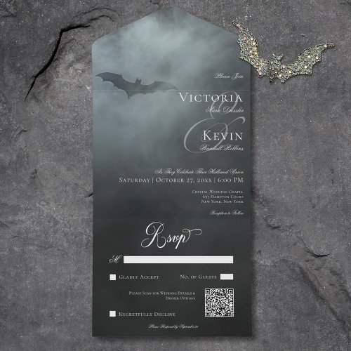 Dark Moody Midnight Bat  Fog QR Code Wedding All In One Invitation