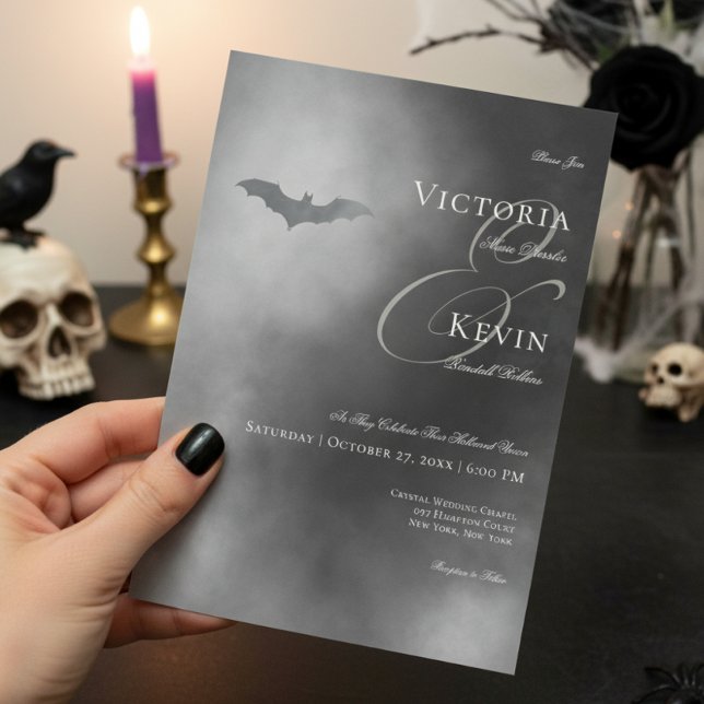 Dark Moody Midnight Bat & Fog Wedding Invitation (Creator Uploaded)