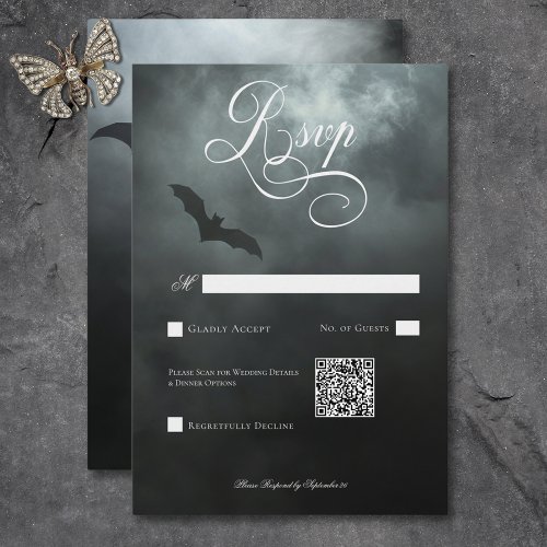 Dark Moody Midnight Bat  Fog Wedding QR Code RSVP Card