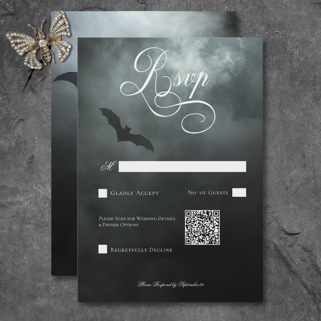 Dark Moody Midnight Bat & Fog Wedding QR Code RSVP Card (Dark Moody Midnight Bat & Fog Wedding QR Code RSVP Card)