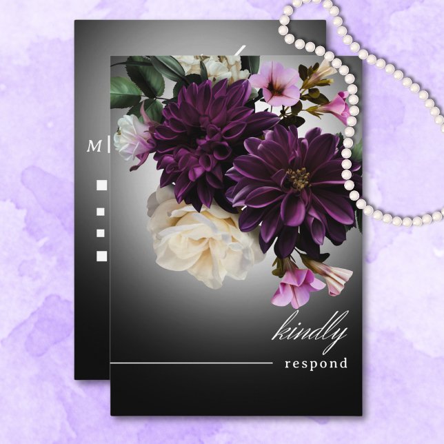 Dark Moody Midnight Purple Floral Romance Dinner RSVP Card (Dark Moody Midnight Purple Floral Romance Dinner RSVP Card)