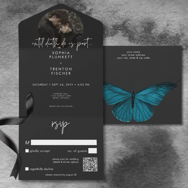 Dark Moody Minimal Moth Photo QR Code Wedding All In One Invitation (Dark Moody Minimal Moth Photo QR Code Wedding All In One Invitation)