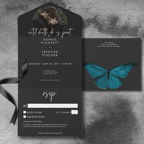 Dark Moody Minimal Moth Photo with Details Wedding All In One Invitation