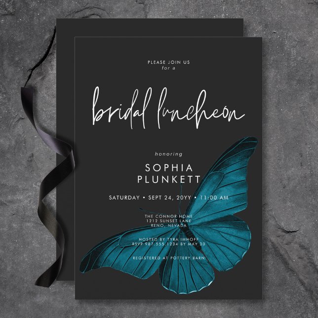 Dark Moody Minimal Teal Moth Bridal Luncheon Invitation (Dark Moody Minimal Teal Moth Bridal Luncheon Invitation)