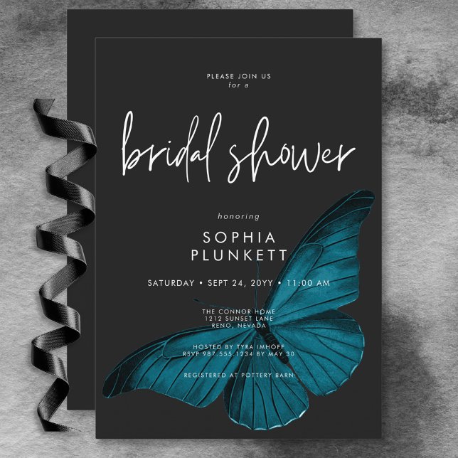 Dark Moody Minimal Teal Moth Bridal Shower Invitation (Dark Moody Minimal Teal Moth Bridal Shower Invitation)