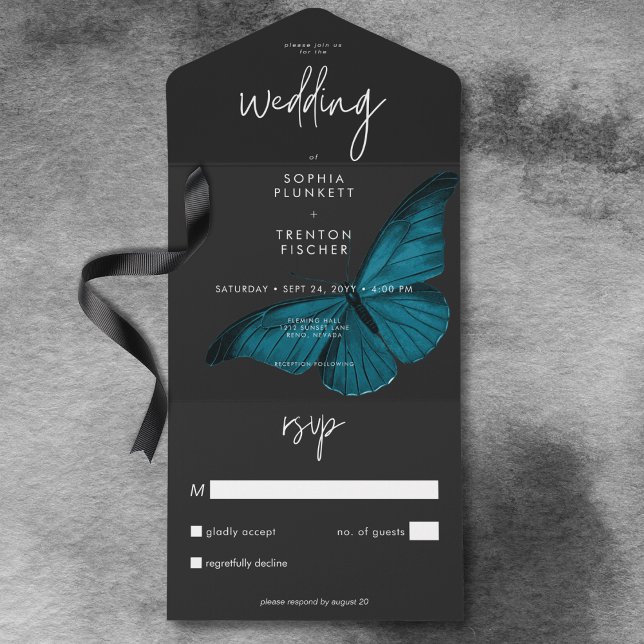 Dark Moody Minimal Teal Moth No Dinner Wedding All In One Invitation (Dark Moody Minimal Teal Moth No Dinner Wedding All In One Invitation)