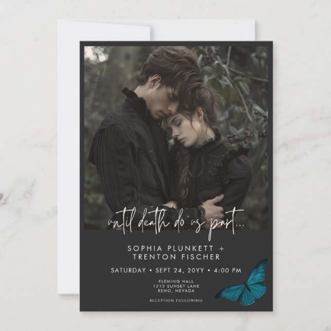 Dark Moody Minimal Teal Moth Photo Wedding Invitation (Front)