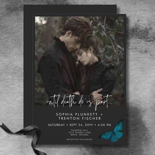 Dark Moody Minimal Teal Moth Photo Wedding Invitation