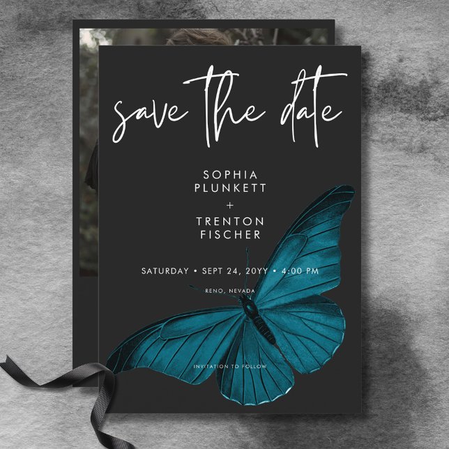 Dark Moody Minimal Teal Moth Photo Wedding Save The Date (Dark Moody Minimal Teal Moth Photo Wedding Save The Date)