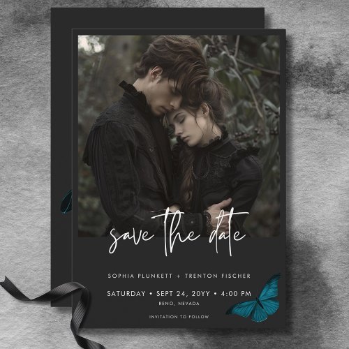 Dark Moody Minimal Teal Moth Photo Wedding Save The Date