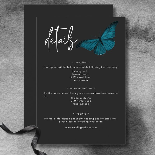 Dark Moody Minimal Teal Moth Wedding Details Enclosure Card (Dark Moody Minimal Teal Moth Wedding Details Enclosure Card)