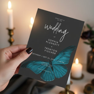 Dark Moody Minimal Teal Moth Wedding Invitation