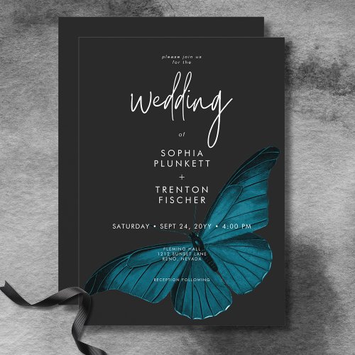 Dark Moody Minimal Teal Moth Wedding Invitation