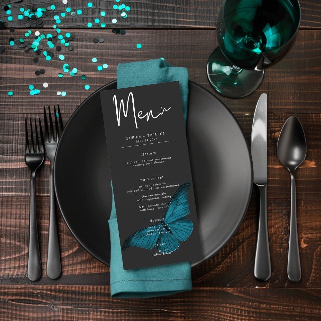 Dark Moody Minimal Teal Moth Wedding Menu (Creator Uploaded)