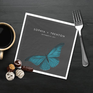 Dark Moody Minimal Teal Moth Wedding Napkins