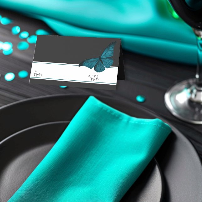 Dark Moody Minimal Teal Moth Wedding Place Card (Creator Uploaded)