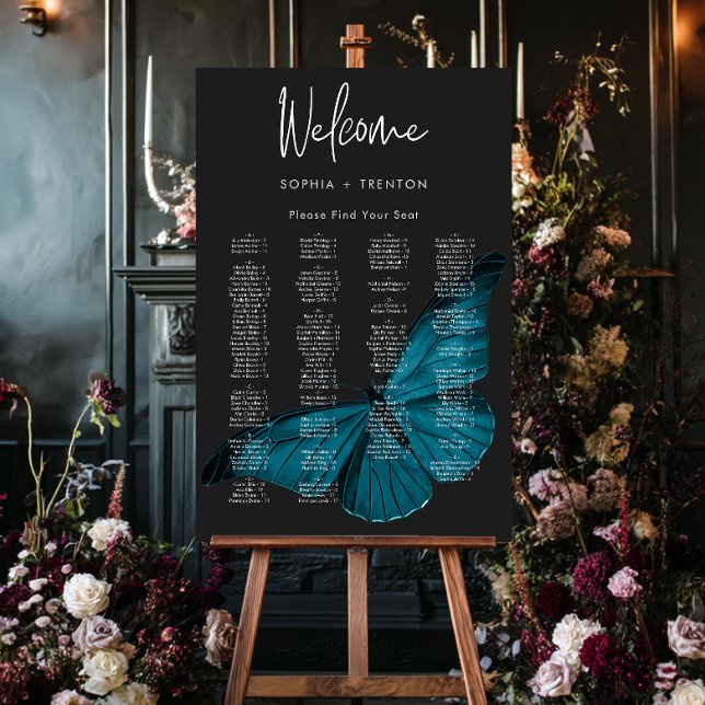 Dark Moody Minimal Teal Moth Wedding Seating Chart Foam Board (Dark Moody Minimal Teal Moth Wedding Alphabetical Seating Sign)