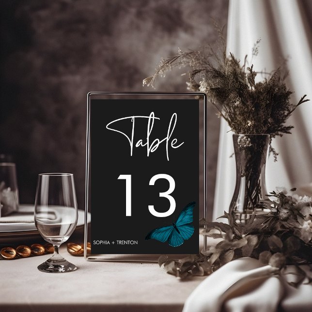 Dark Moody Minimal Teal Moth Wedding Table Number (Creator Uploaded)