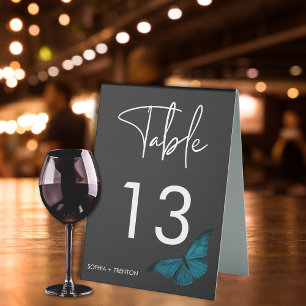 Dark Moody Minimal Teal Moth Wedding Table Tent