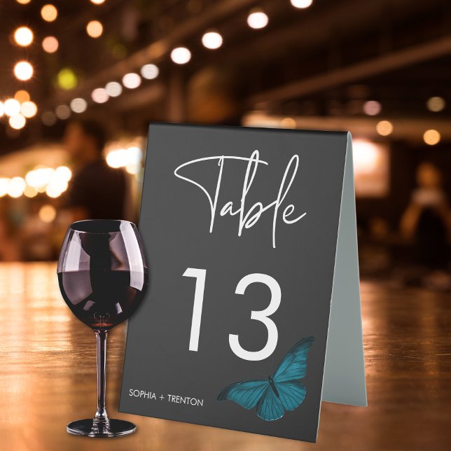 Dark Moody Minimal Teal Moth Wedding Table Tent (Creator Uploaded)
