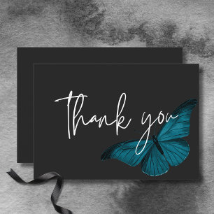 Dark Moody Minimal Teal Moth Wedding Thank You Card