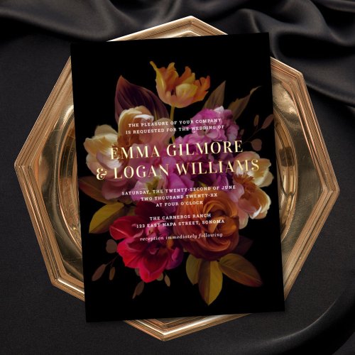 Dark  Moody Modern Painted Floral Wedding Foil Invitation