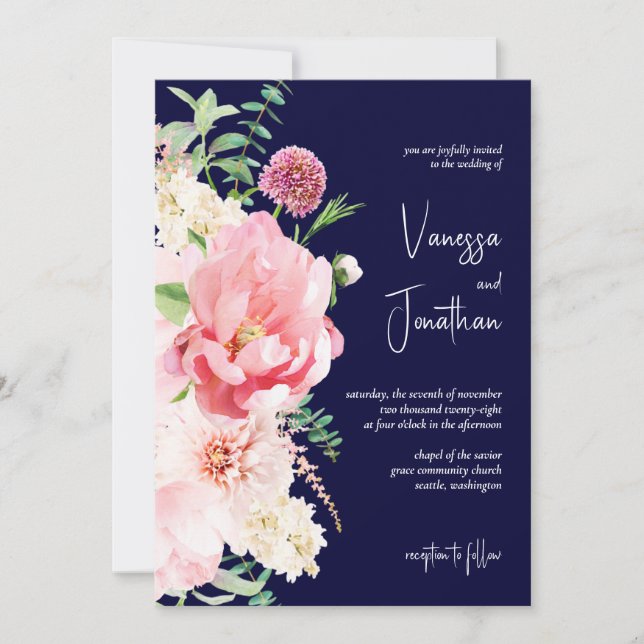 Dark Moody Navy Blue Blush Pink Floral Script Invitation (Front)