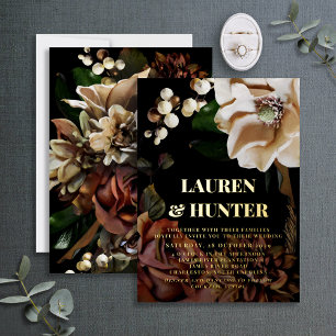 Dark Moody Neutral Magnolia Botanical Wedding Gold Foil Invitation