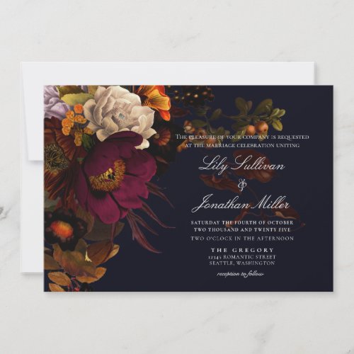 Dark Moody Night Autumn Floral Wedding Invitation