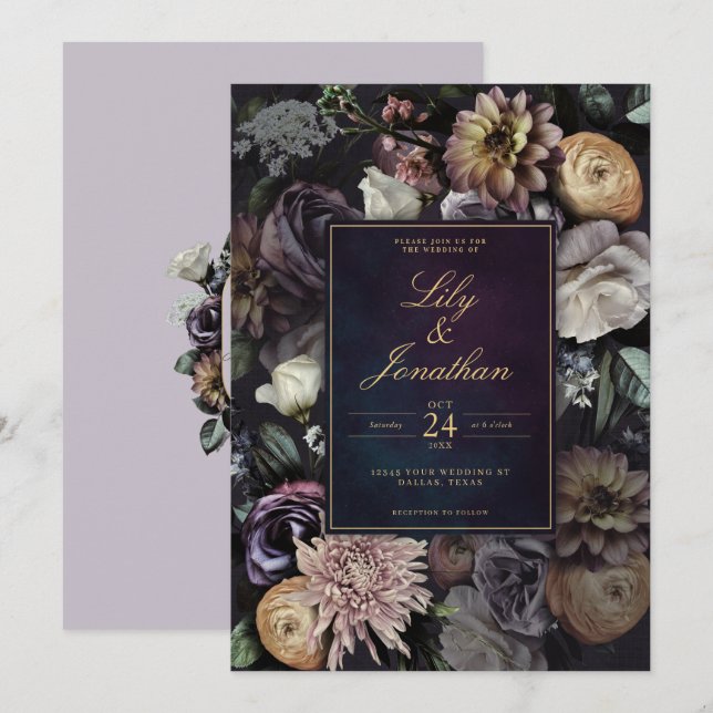 Dark Moody Night Purple Lavender Floral Wedding Invitation (Front/Back)
