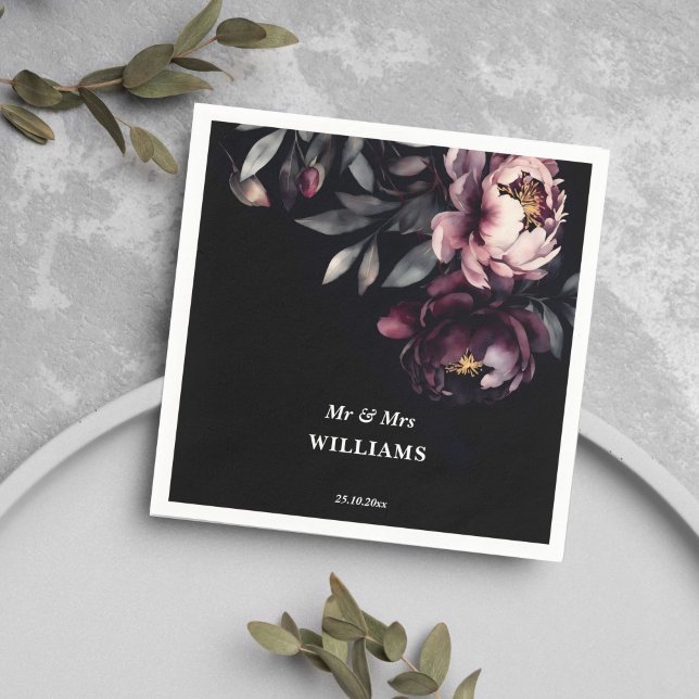Dark moody noir elegant burgundy peonies template napkins (Dark moody noir elegant burgundy peonies template napkins personalized wedding tableware)