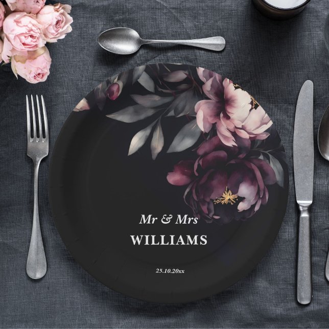 Dark moody noir elegant burgundy peonies template paper plates (Dark moody noir elegant burgundy peonies template paper plates personalized wedding tableware)