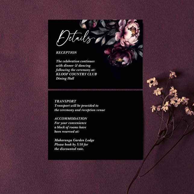 Dark moody noir elegant wedding details enclosure card (Dark moody noir elegant wedding details enclosure card burgundy peonies floral rsvp card)
