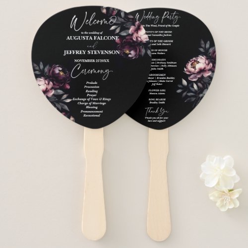 Dark moody noir elegant wedding program hand fan