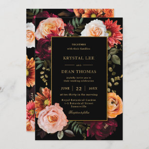 Dark Moody Orange Burgundy Blush Floral Wedding Invitation