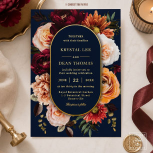 Dark Moody Orange Burgundy Floral Navy Wedding Foil Invitation