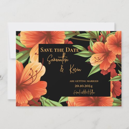 Dark Moody Orange Floral Wedding Save The Date