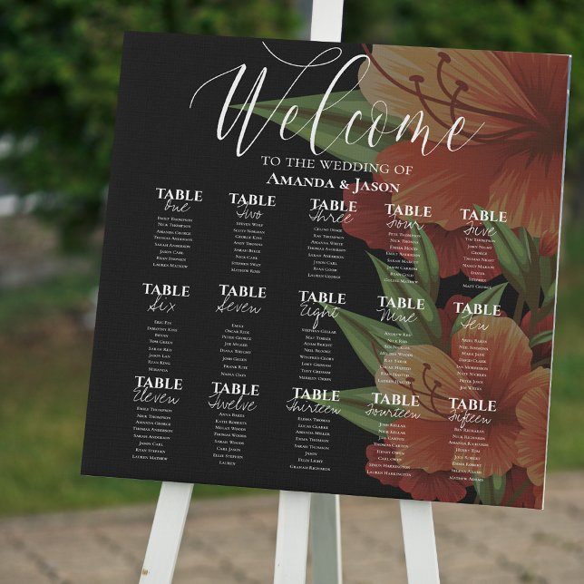 Dark Moody Orange Floral Wedding Seating Chart  Faux Canvas Print (Dark Moody Orange Floral Wedding Seating Chart Faux Canvas Print)