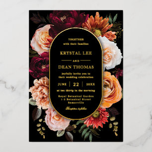 Dark Moody Orange Rust Burgundy Floral Wedding Foil Invitation