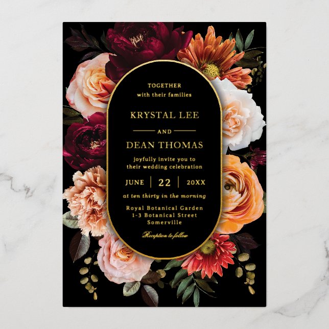 Dark Moody Orange Rust Burgundy Floral Wedding Foil Invitation (Front)