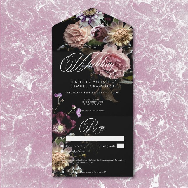 Dark Moody Pastel Opulent Black Floral Details All In One Invitation (Dark Moody Pastel Opulent Black Floral Details All In One Invitation)